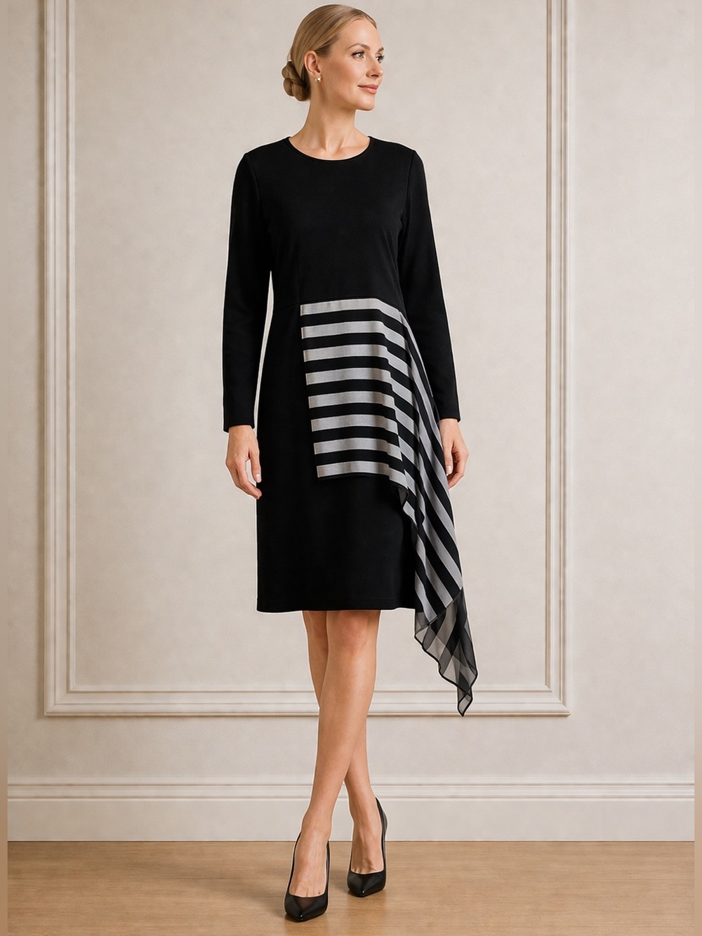 NWT Alan M. Murati Black Dress Asymmetric Sheer Chiffon Drape Long Sleeve Medium
